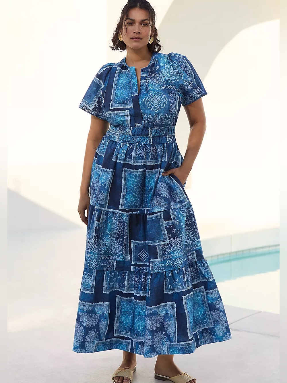 NWT Anthropologie The Somerset Maxi Dress Bandana Patchwork Geometric Blue XL